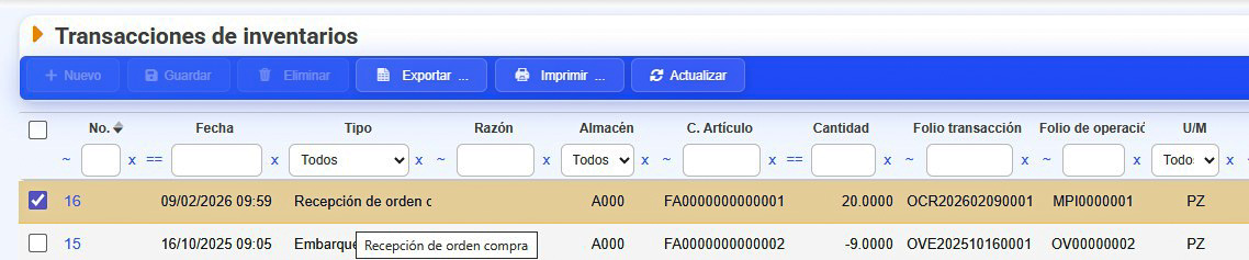 vista de orden de compra en transacciones de inventarios